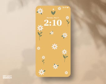 Fondo de pantalla floral para iPhone con margaritas amarillas de primavera / Fondo de pantalla móvil ilustrado moderno para amantes de las plantas / Pantalla de bloqueo floral / Descarga instantánea