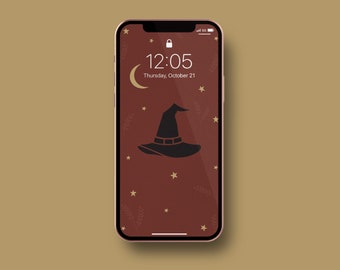 Fondo de pantalla de iPhone con sombrero de bruja de Halloween / Fondo festivo de octubre para iPhone / Pantalla de bloqueo de iPhone con textura otoñal / Descarga instantánea ilustrada