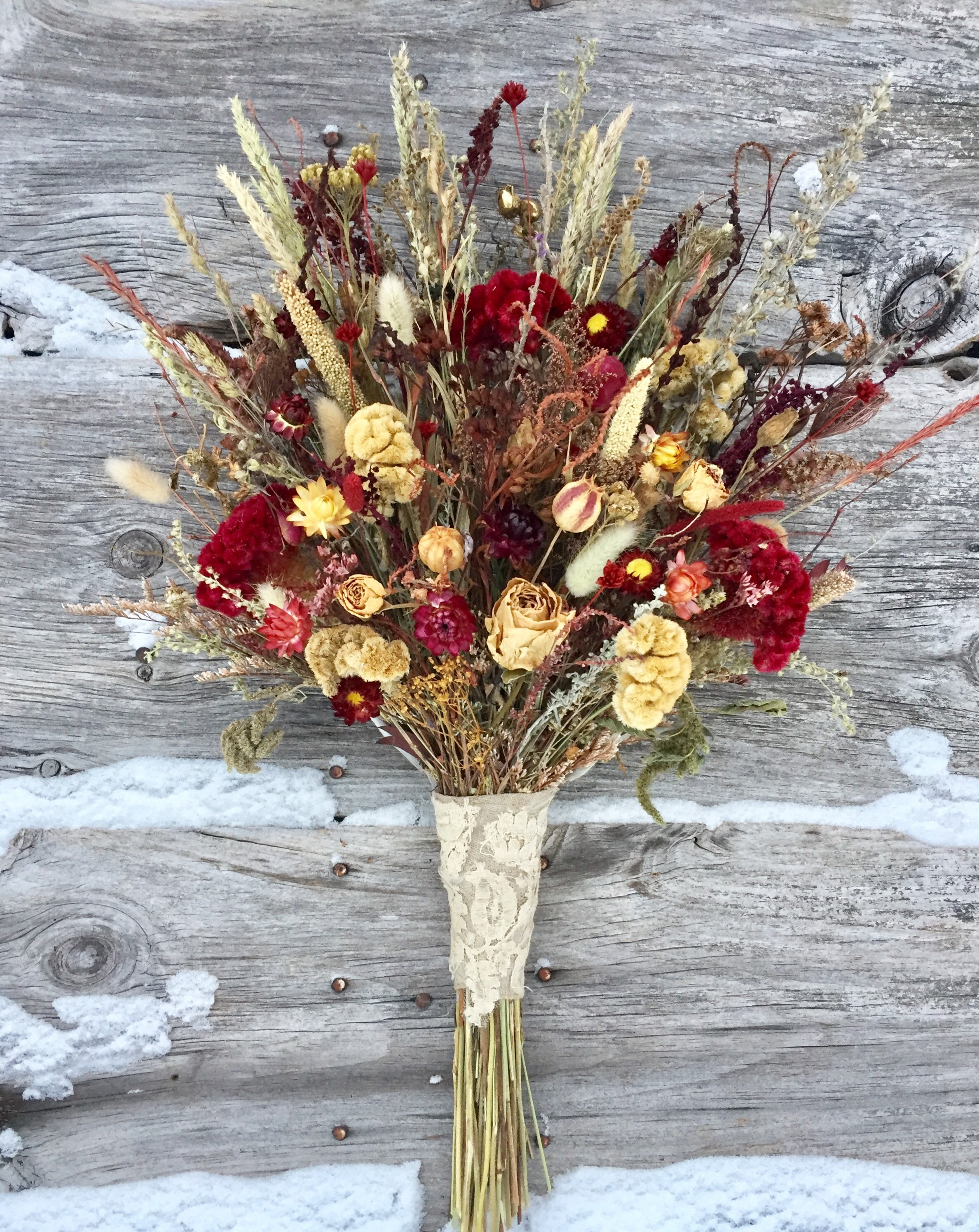 Vintage Country Bridal Bouquet Dried Flowers Burgundy Red Rose