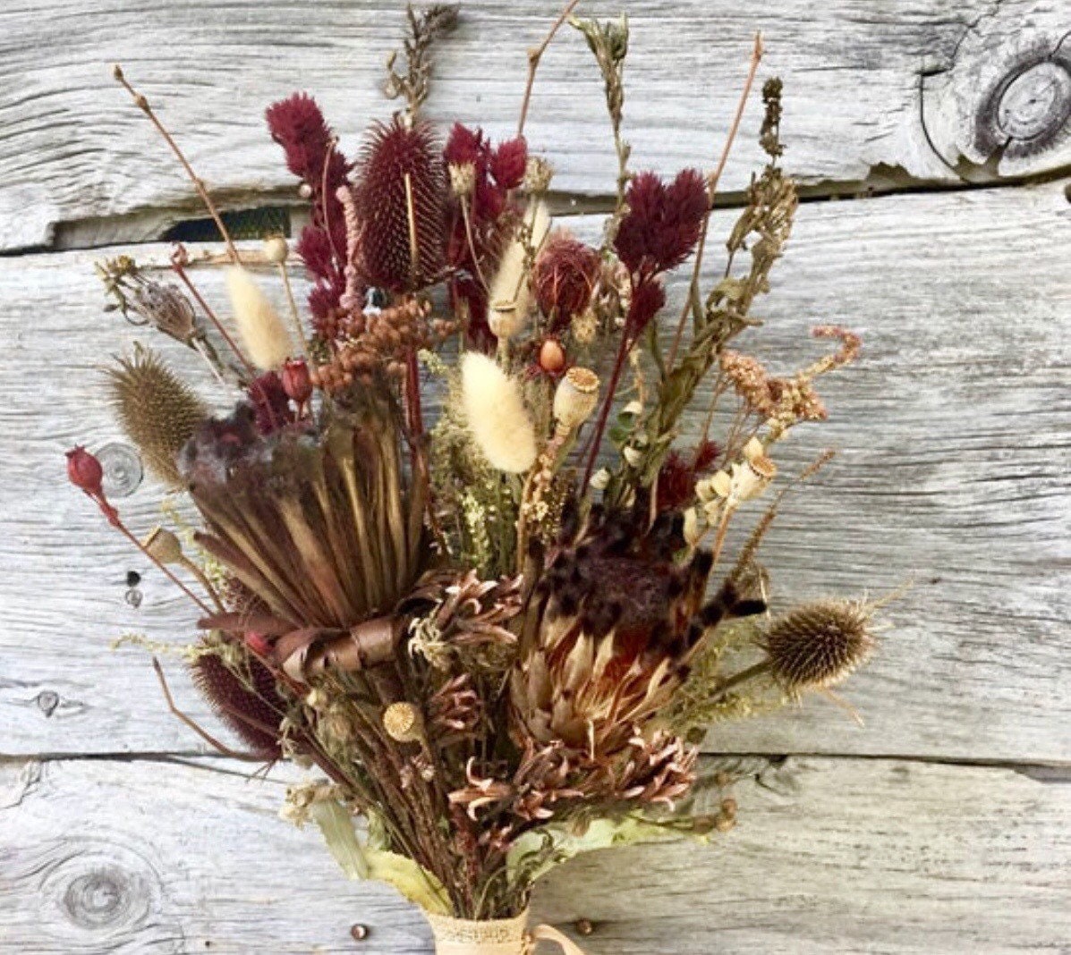 Vintage Rustic Bronze Protea Burgundy Thistle Gold Pods Branches Ivory Bunny Tail