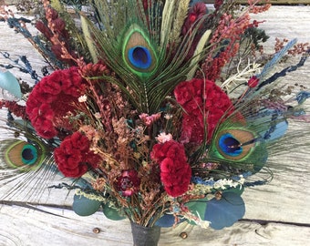 Vintage Peacock Feather Bridal Bouquet Deep Blue Burgundy Red Cockscomb Eucalyptus Meadow Grass