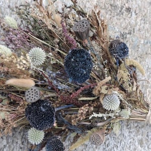 Vintage Bridal Bouquet Dried Flower Navy Blue Linen White Ivory Beige Sage Mauve Sunflower Globe Thistle Bunny Tail Hill Flower