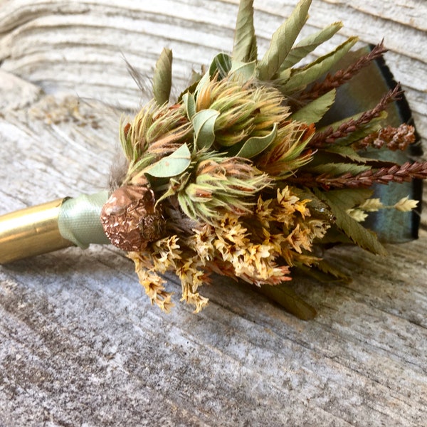 Wedding Boutonnières Wild Turkey Feather Harvest Hunter Bullet Casing Green Brass Bronze