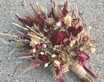 Victorian Bridal Bouquet Dried Flowers Burgundy Rose Blush Strawflower Ivory Peony Spray Rose Love In A Mist Pods