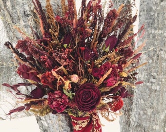Vintage Peacock Feather Bridal Bouquet Deep Blue Burgundy Red Cockscomb Eucalyptus Meadow Grass