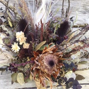Victorian Bridal Bouquet Dried Flowers Purple Plum Amethyst Protea Thistle Eucalyptus Peacock Pods