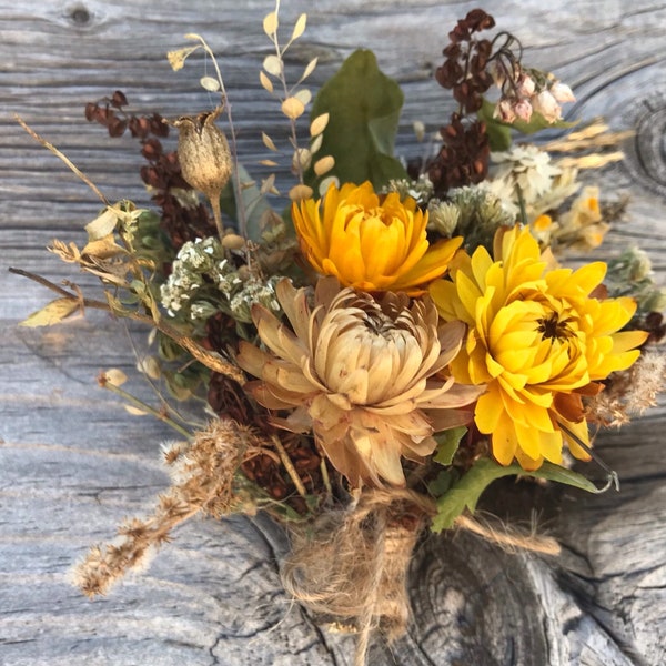 Pin Corsage Dried Flower Country Barn Wedding Brown Gold Yellow Strawflower Green Leaves