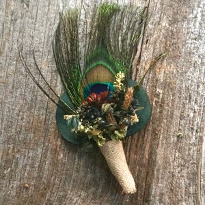 Wedding Boutonnières Peacock Feather Green