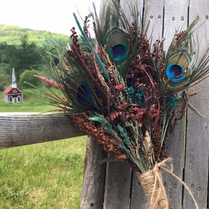 Vintage Peacock Feather Bridal Bouquet Deep Blue Burgundy Red Cockscomb Eucalyptus Meadow Grass