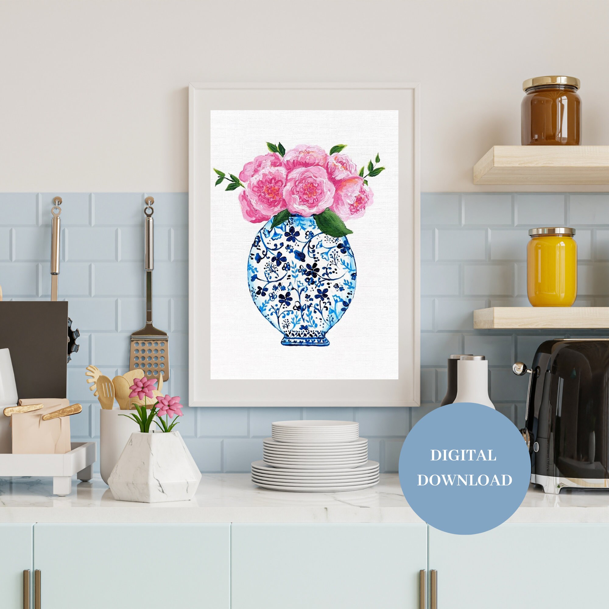 Printable Peonies Wall Art, Blue and White Vase Art, Chinoiserie Pink ...