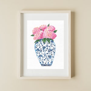 Printable Hydrangea Wall Art, Blue and White Vase Art, Chinoiserie Pink Hydrangea Print, Blue and White Porcelain, Coastal Style