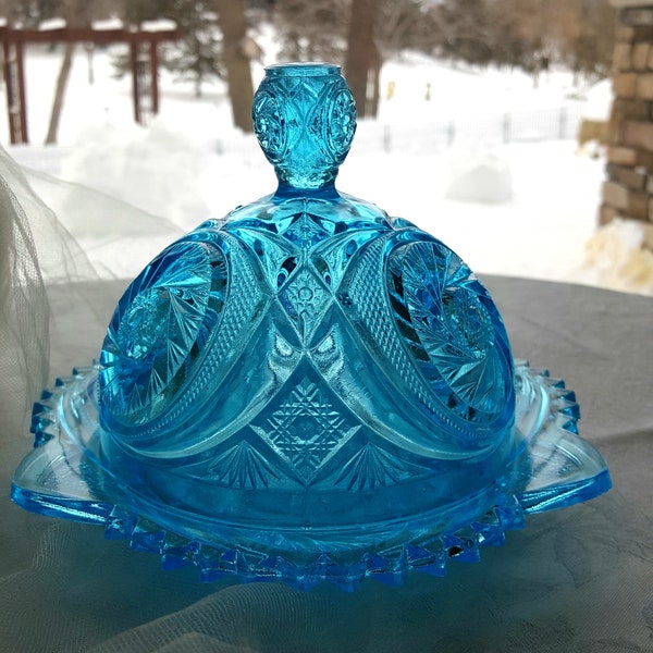Vintage Blue Pressed Glass Covered Butter Dish