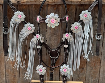 Dark Oil Basketweave Hot Pink Flower Browband | One Ear Tack Set #BBBC531