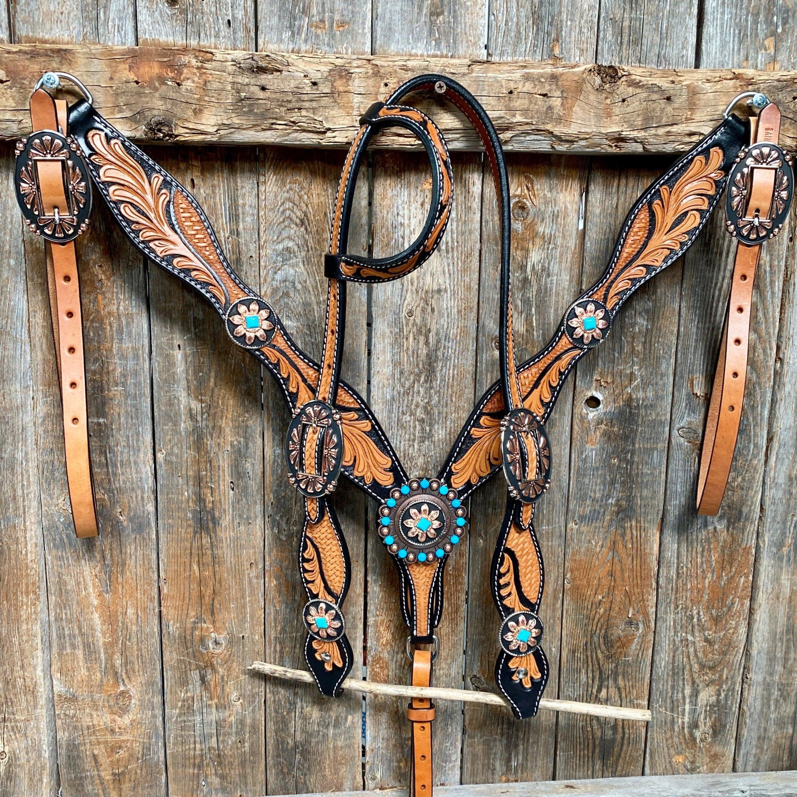 Showman Two-Tone Floral Tooled Leather Headstall & Breast Collar Set W/ Rawhide | UK