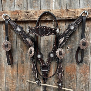 Dark Oil Floral Copper Dot Clear Browband / One Ear / Breastcollar Buckstitch Tack Set #BBBC486