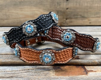 Leather Dog Collar With Antique Silver Aqua and Clear Conchos 10" to 22" -DC39
