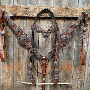 Medium Oil Navajo Style Copper Turquoise Browband & Breastcollar Tack Set #BBBC448