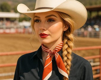 Mini écharpe western skinny en chiffon orange brûlé et crème / cravate cow-girl # TW110