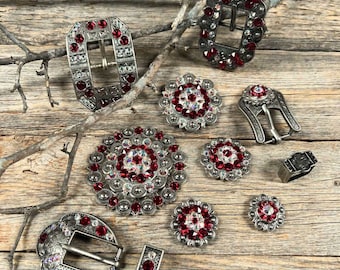 Antique Silver Ruby, AB Crystal Conchos - Sizes from 1"- 3" and Buckles