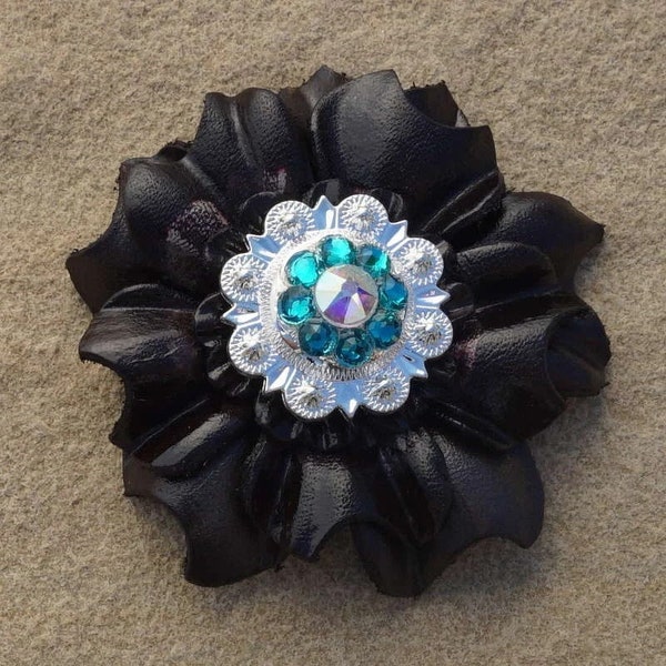 Black Carnation Flower With Bright Silver Teal & AB 1" Concho