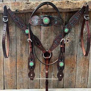Dark Oil Hand Painted Antique Silver Turquoise Browband/One Ear and Breastcollar Tack Set #BBBC555