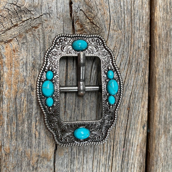 Antique Silver Cart Buckle with Turquoise Stones W198B