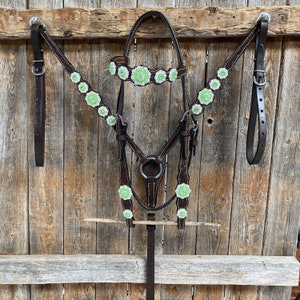 Dark Oil Floral Neon Green Browband / One Ear Tack Set #BBBC560
