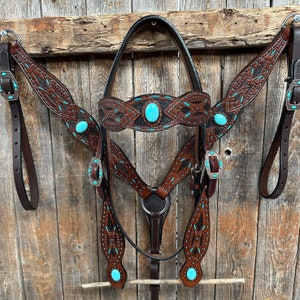 Dark Oil Hand Painted Turquoise Browband/ Breastcollar Tack Set #BBBC524