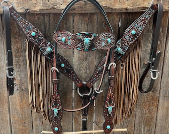 Dark Oil Hand Painted Turquoise Steer Head Browband/One Ear and Breastcollar Tack Set #BBBC624