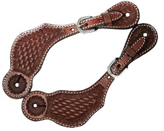 Brown Leather Ladies Western Spur Straps Antiqued Copper Conchos & Bling New 