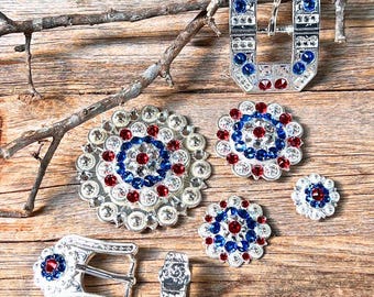 Bright Silver Red - White - Blue Crystal Conchos - Sizes from 1"- 3" and Buckles