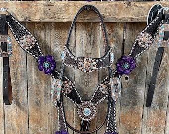 Dark Oil Purple Skull Browband - Breastcollar - Witherstrap Set #BBBC425