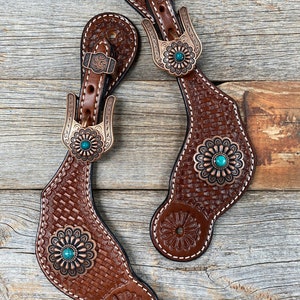 Medium Basketweave Spur Straps - Copper Flower Western Conchos #SS113