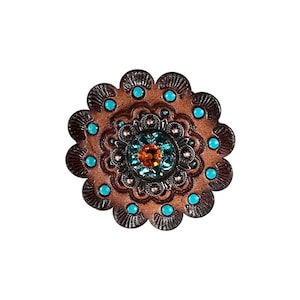 Fire Opal & Teal Copper 1&quot; European Crystal Concho and Leather Rosette
