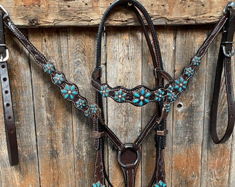 Dark Floral Turquoise Browband/One Ear Tack Set with Wither Strap #BBBC465
