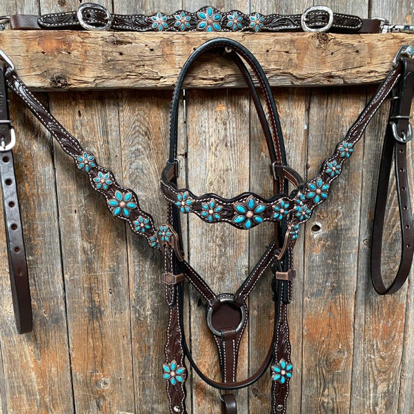 Dark Floral Turquoise Browband/One Ear Tack Set with Wither Strap #BBBC465