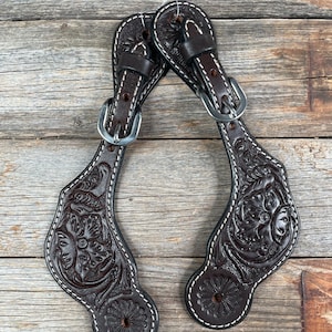 Dark Oil Floral Tooled Spur Straps