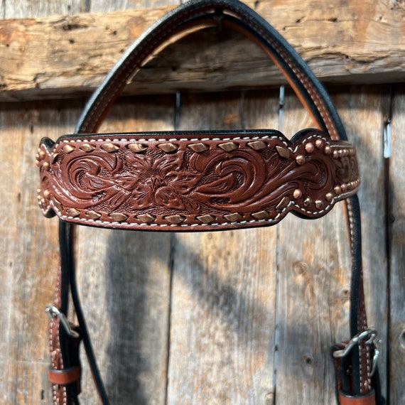 Billy Cook Light Oil Bandeau Western En Cuir Clouté Billy Cook + Collier De Poitrine Assorti - Taille Cheval Tete Western Cuir Billy Cook