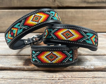 Türkis und Schwarz punziertes Leder Halsband für Hunde #DC448