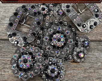 Antique Silver Jet - AB Crystal Conchos | Sizes 1"- 3" | Buckles | Saddle Set | Leather Rosettes | Slide