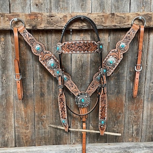 Silver Buckstitch with Turquoise Browband / One Ear / Breastcollar Tack Set #BBBC478