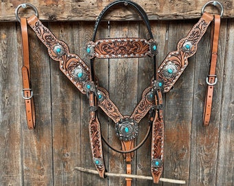 Silver Buckstitch with Turquoise Browband / One Ear / Breastcollar Tack Set #BBBC478
