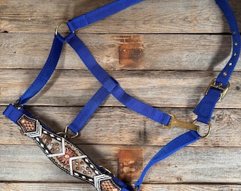 Blue Nylon Halter with Cowhide Leather Noseband #NH119
