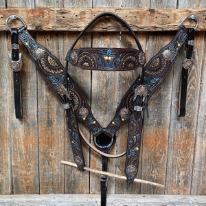Dark Oil Blue and Gold Browband & Breastcollar Tack Set #BBBC505