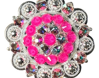 Neon Pink and AB Bright Silver 2" European Crystal Concho