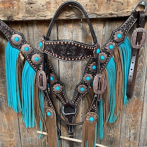 Dark Oil Copper Dot Turquoise Browband/One Ear Tack Set #BBBC498