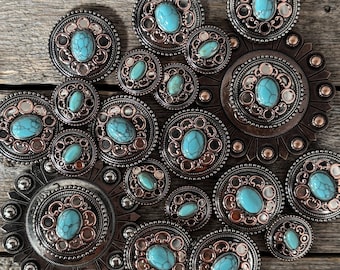 Antique Silver Copper Accent Turquoise Concho #W244