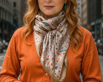 May include: A woman wearing an orange shirt, a patterned scarf with red, green, and beige details, and a teal hat. The scarf is knotted around the neck. Turquoise bracelets are worn on the wrists.