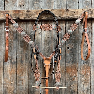 Floral Teal Dot Western Floral Browband/One Ear Headstall & Breastcollar Tack Set #BBBC593