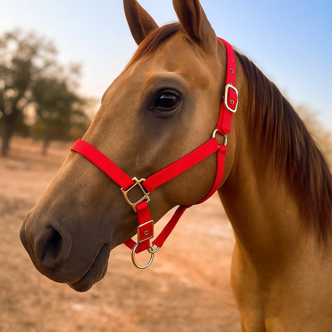 thumbnail image 2 of Showman Average Horse Size Orange Triple Ply Nylon Halter - Brass Hardware 2 of 4